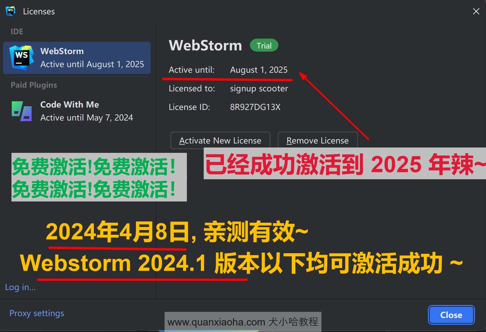 Webstorm 2024.1 成功激活至 2099 年截图