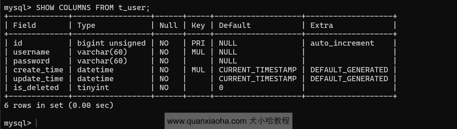 SHOW COLUMNS 命令查看表结构