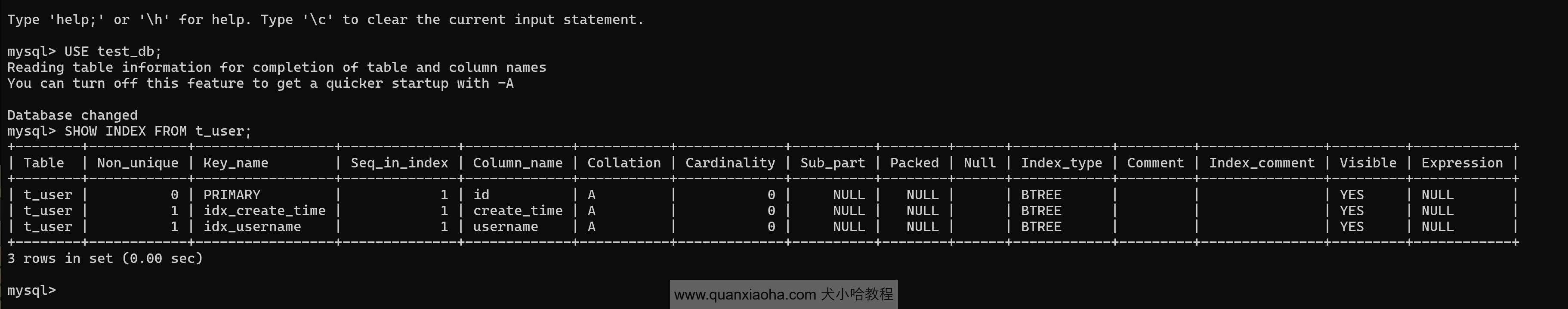 使用 SHOW INDEX 语句查看 MySQL 索引