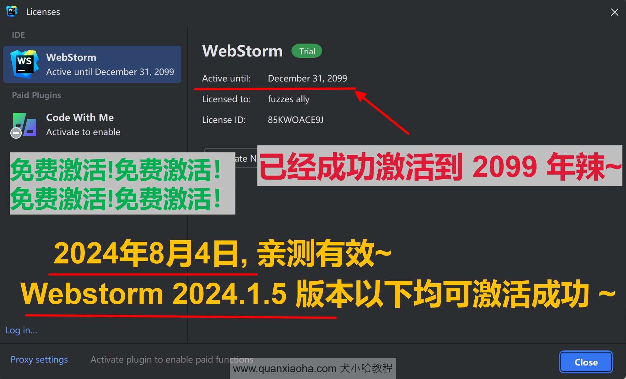 Webstorm  2024.1.5 版本激活到 2099 年截图