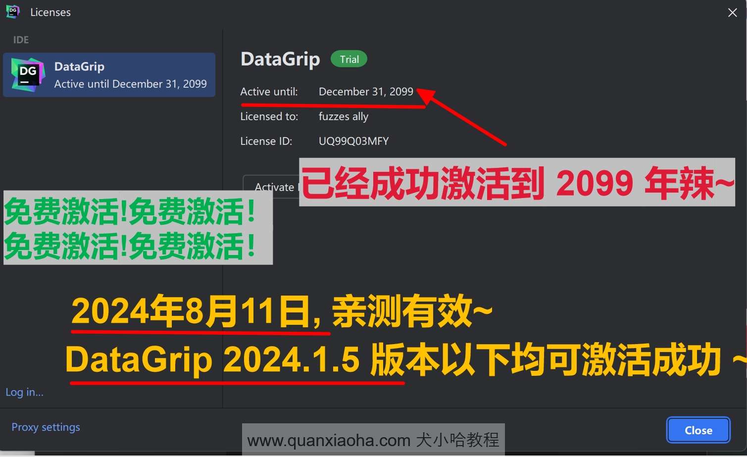 DataGrip 2024.1.5 版本激活到 2099 年截图