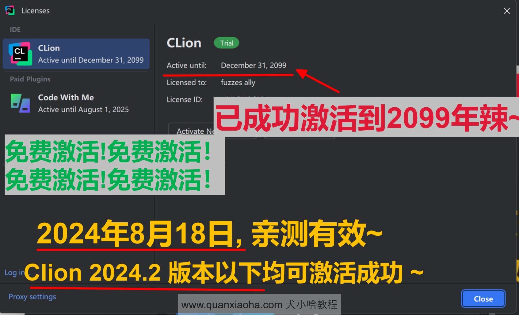 Clion 2024.2 版本激活到 2099 年截图