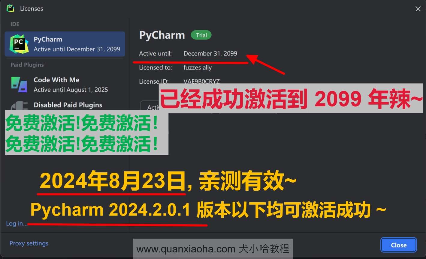 Pycharm  2024.2.0.1 版本激活到 2099 年截图