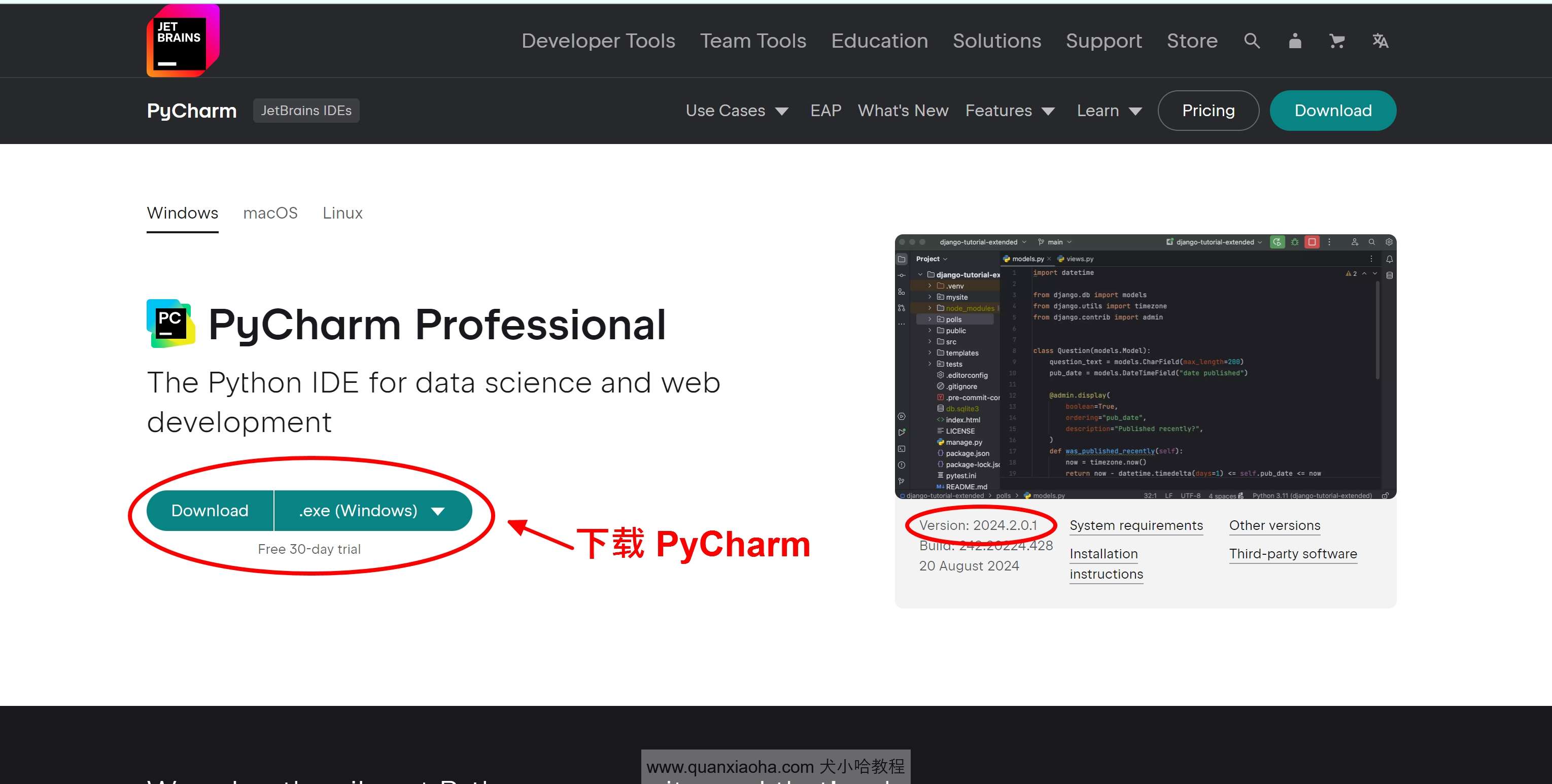 下载 Pycharm  2024.2.0.1 版本安装包