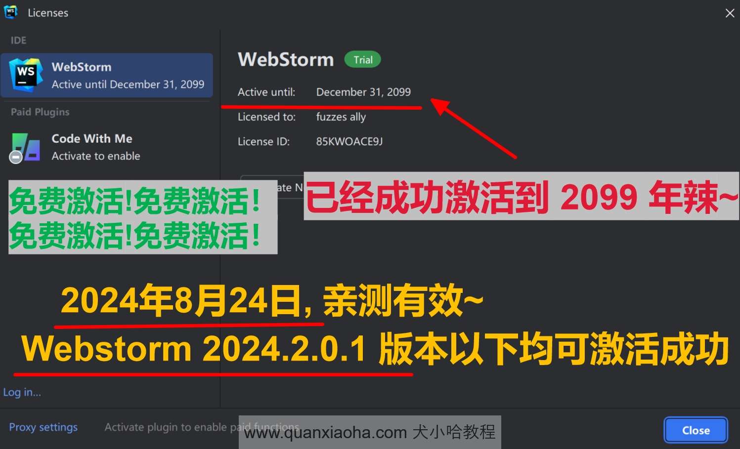 Webstorm  2024.2.0.1 版本激活到 2099 年截图