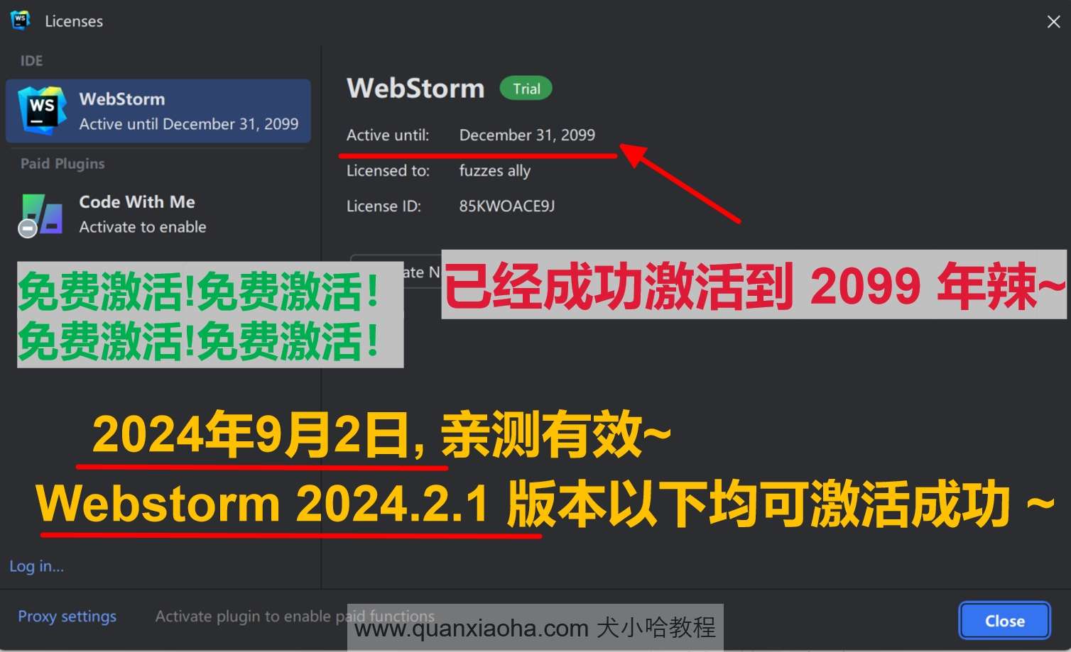 Webstorm  2024.2.1 版本激活到 2099 年截图