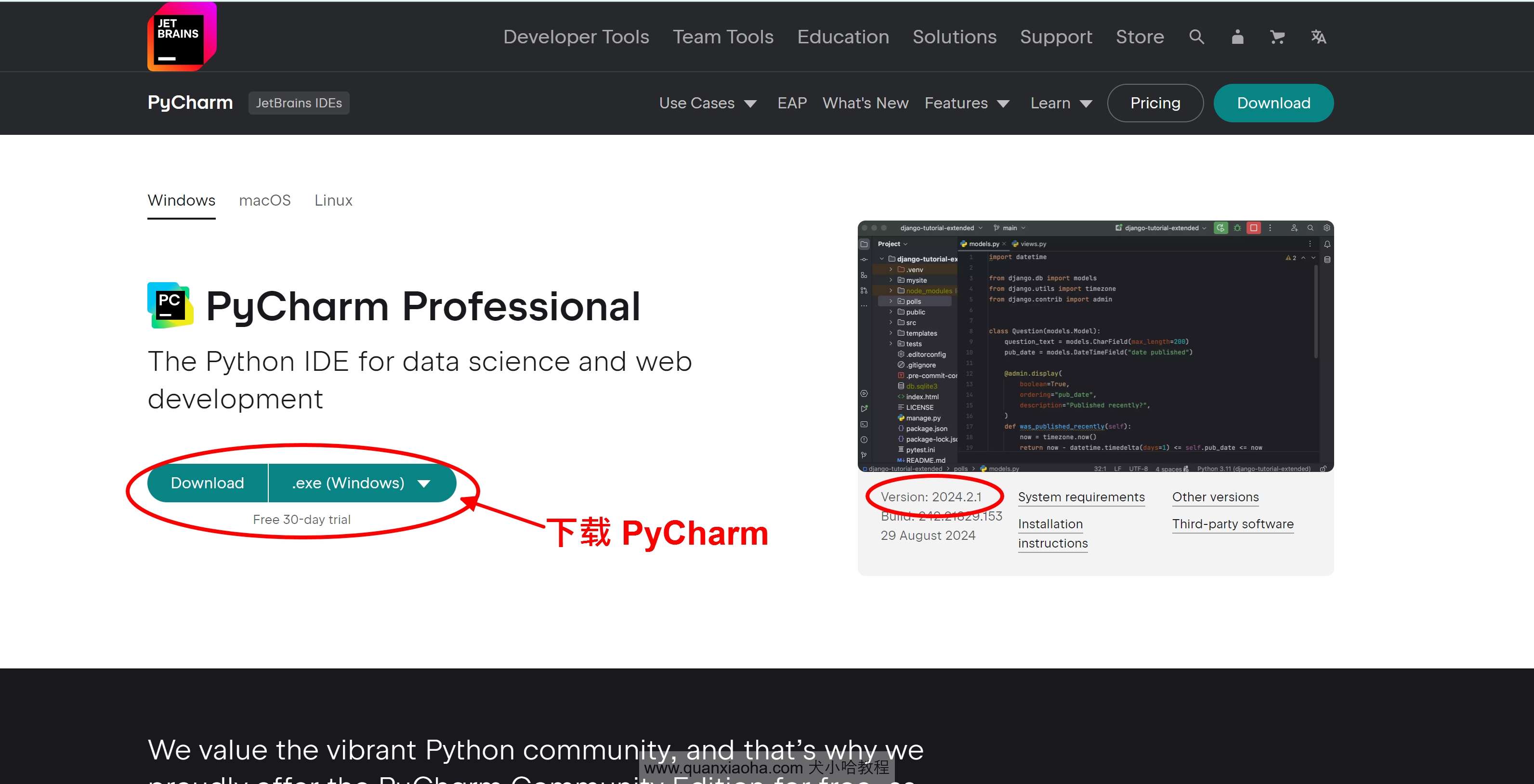 下载 Pycharm  2024.2.1 版本安装包