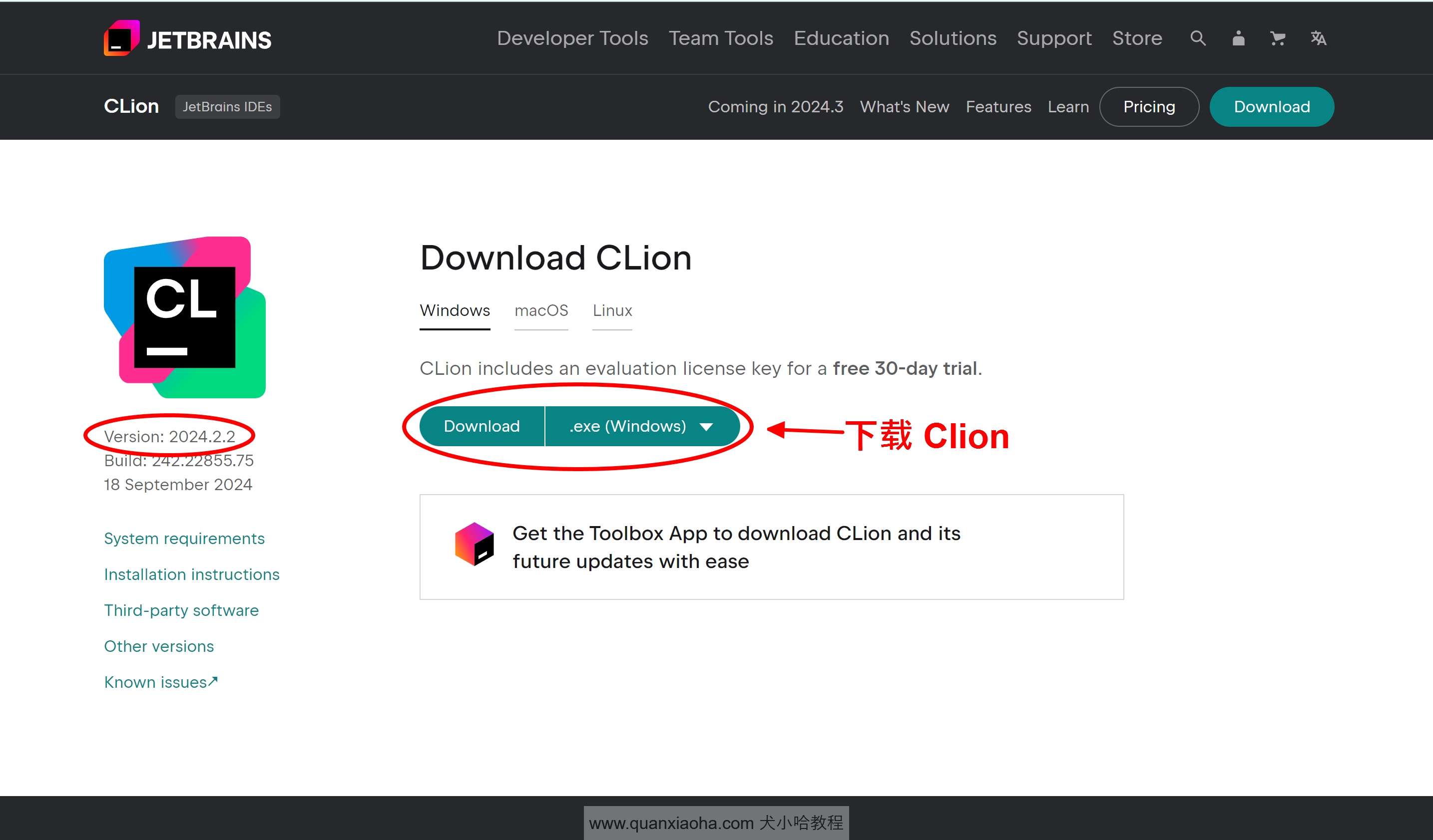 下载 Clion 2024.2.2 版本安装包