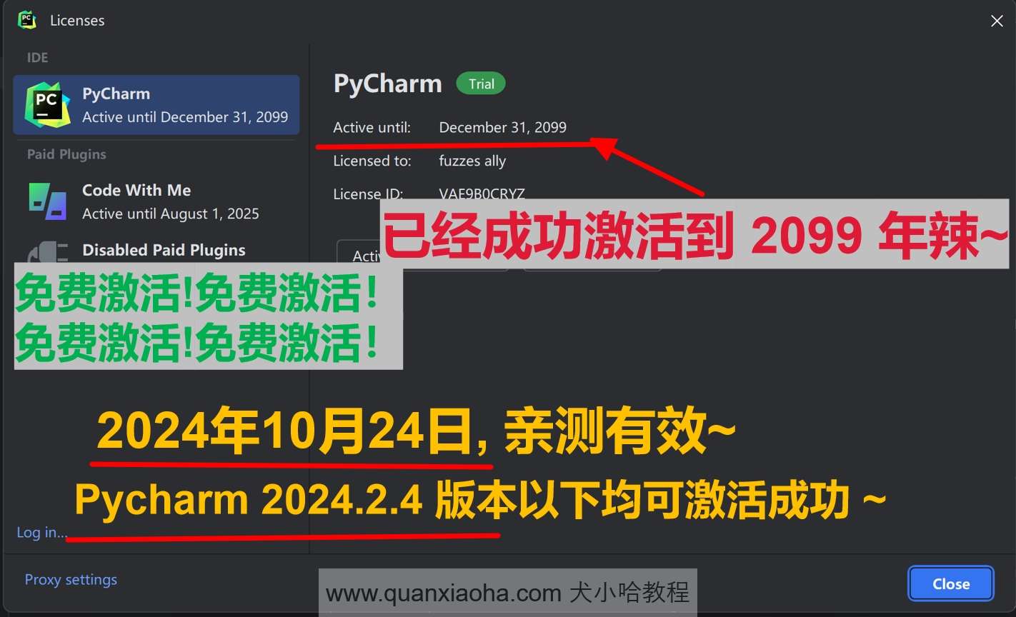 Pycharm  2024.2.4 版本激活到 2099 年截图