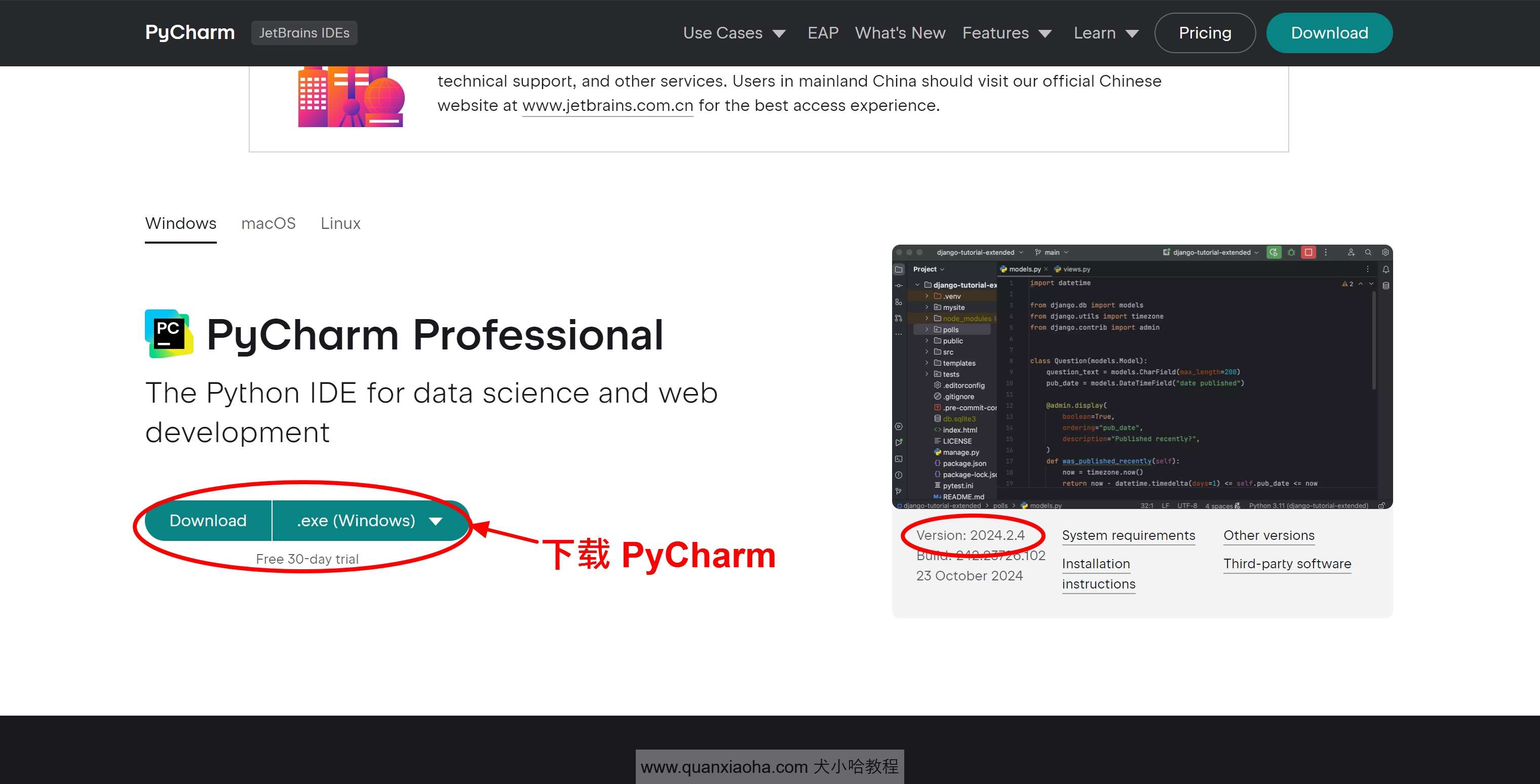 下载 Pycharm  2024.2.4 版本安装包