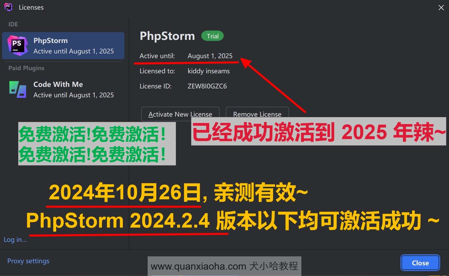 PhpStorm  2024.2.4 版本激活到 2025 年截图