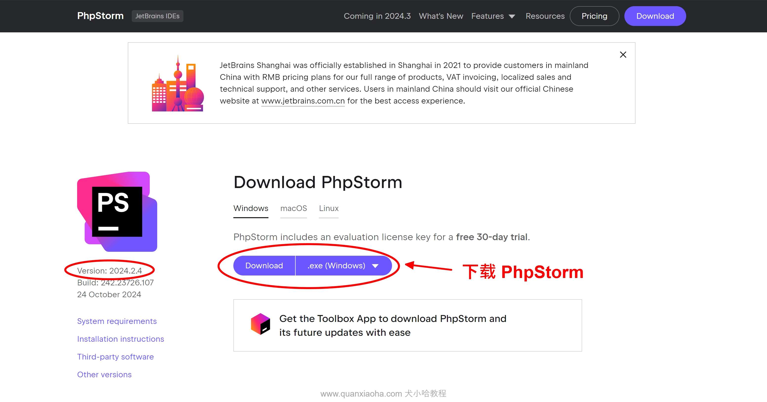 下载 PhpStorm  2024.2.4 版本安装包