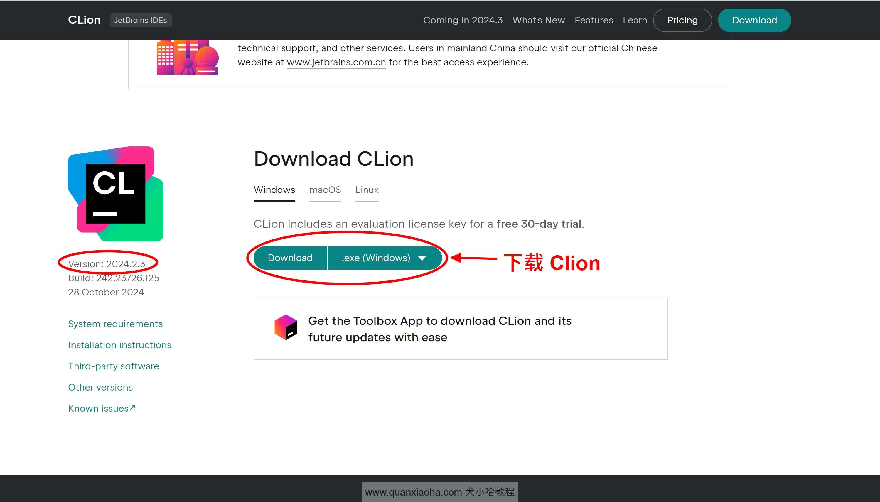 下载 Clion 2024.2.3 版本安装包