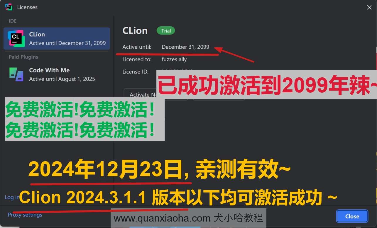 Clion 2024.3.1.1 版本激活到 2099 年截图