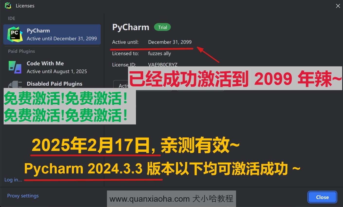 Pycharm  2024.3.3 版本激活到 2099 年截图