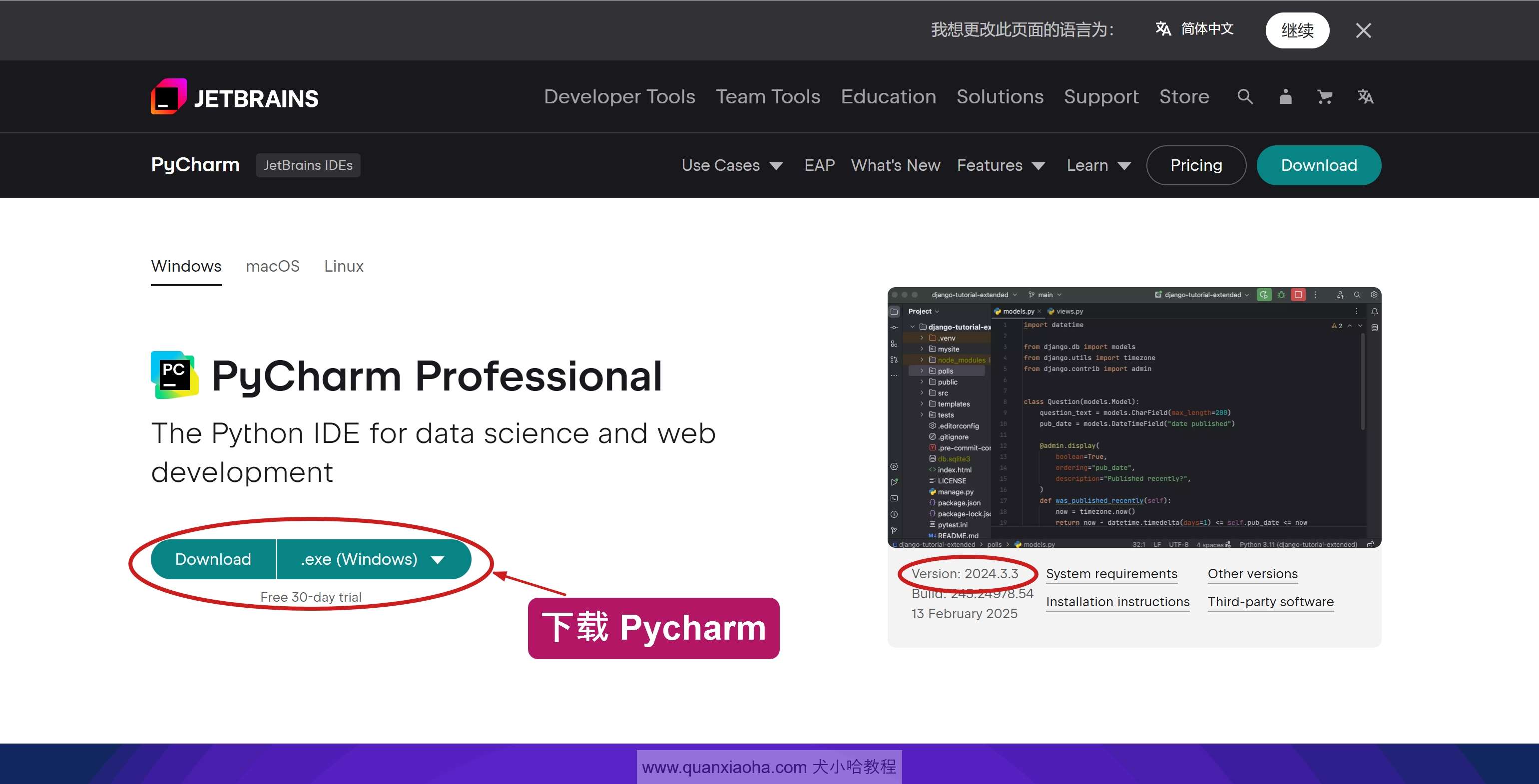 下载 Pycharm  2024.3.3 版本安装包