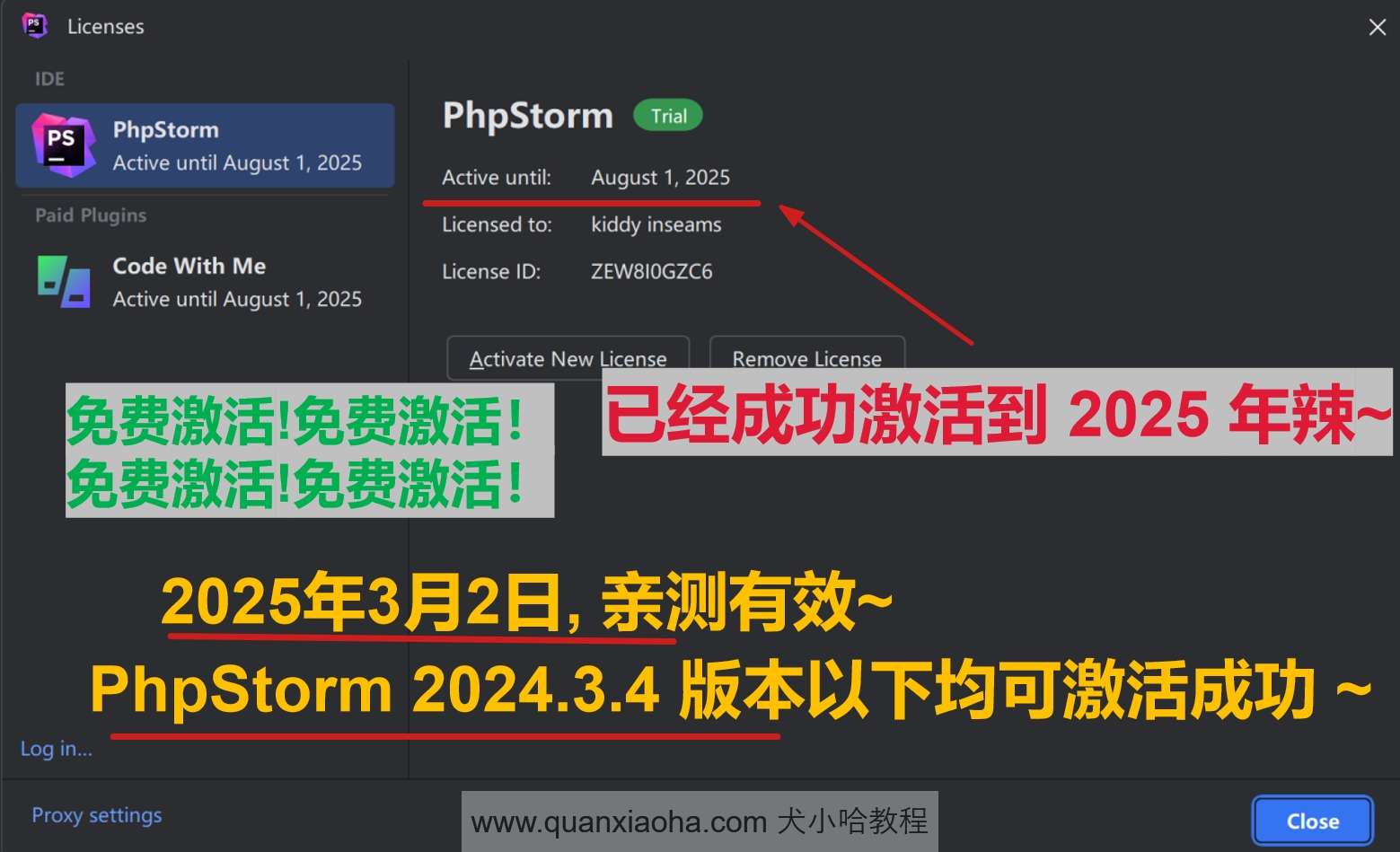 PhpStorm 2024.3.4 版本激活到 2025 年截图