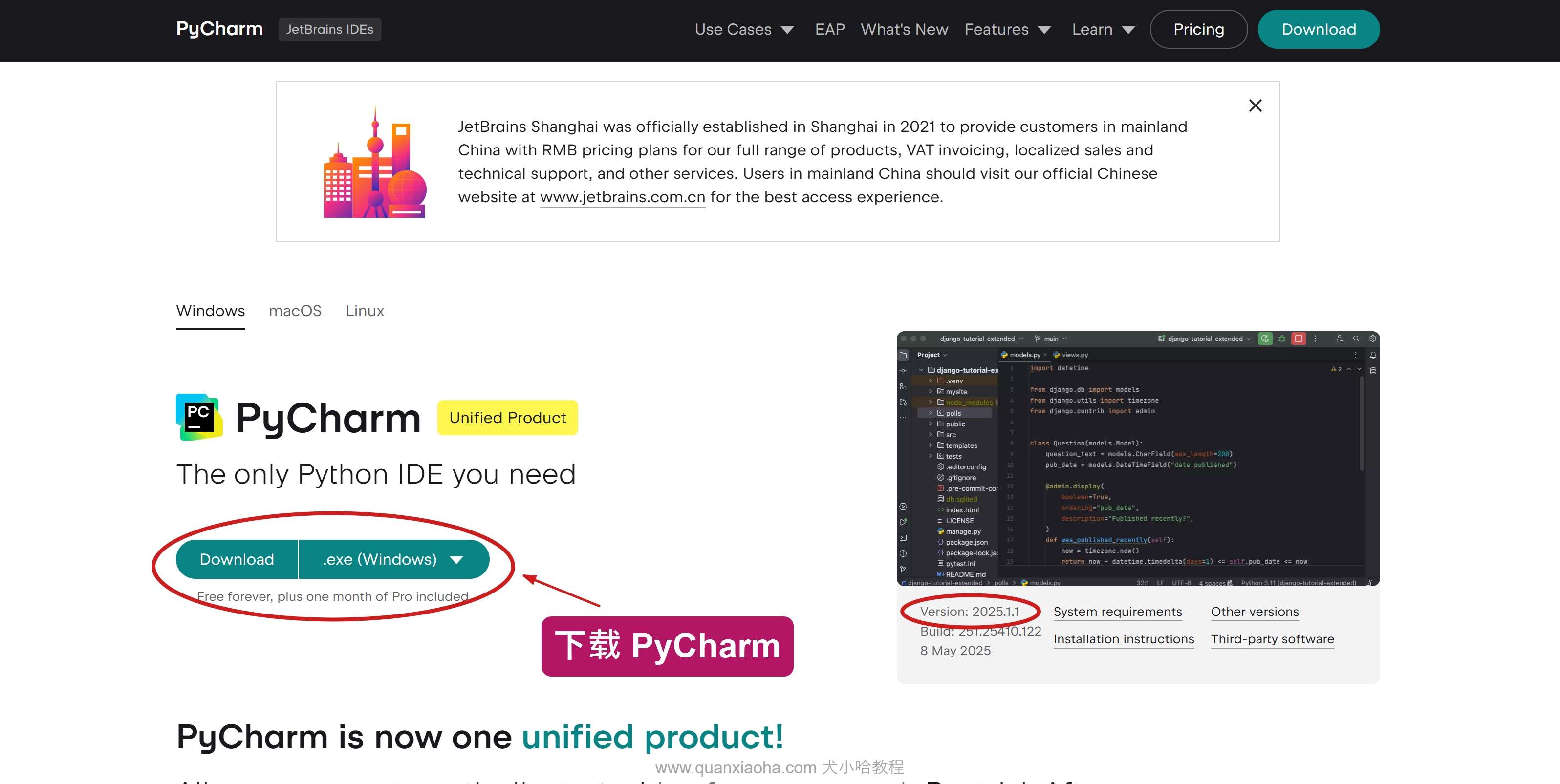 下载 Pycharm 2025.1.1 版本安装包