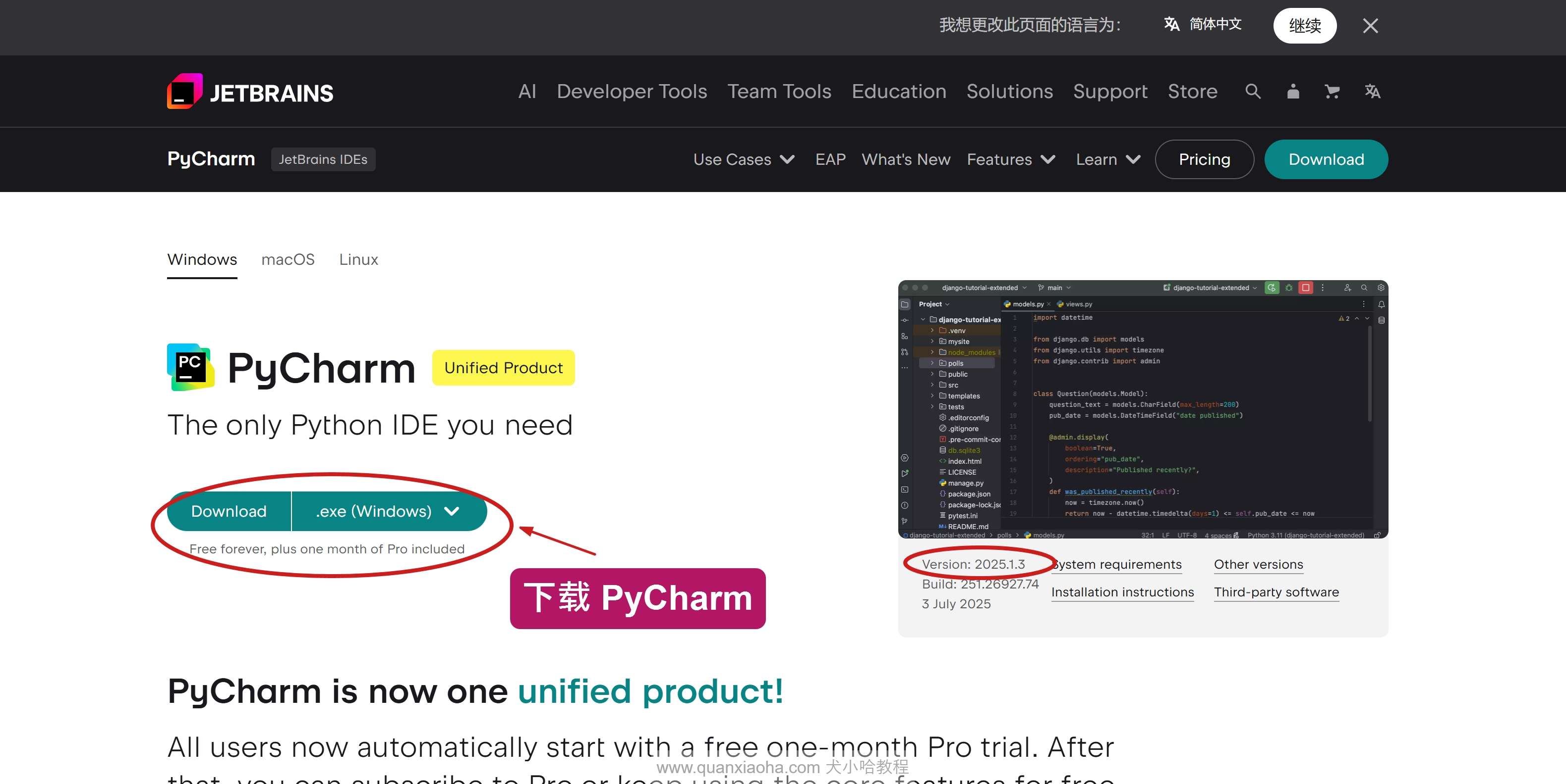 下载 Pycharm 2025.1.3 版本安装包
