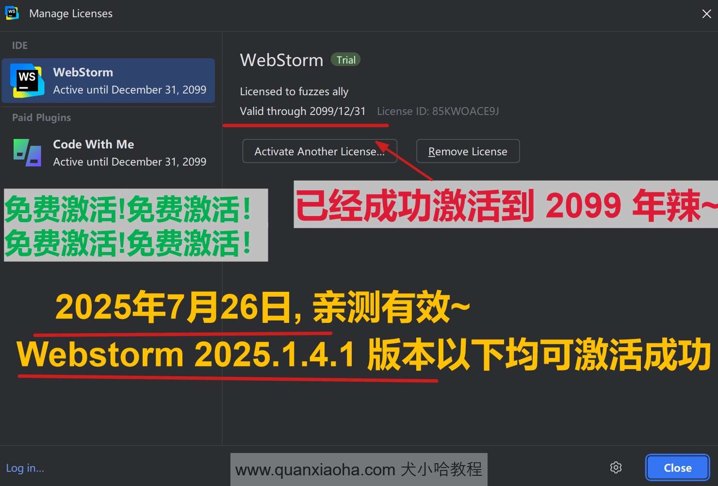 Webstorm 2025.1.4.1 版本成功激活到 2099 年截图