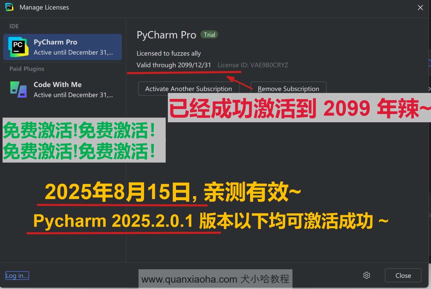 Pycharm 2025.2.0.1 版本成功激活到 2099 年截图