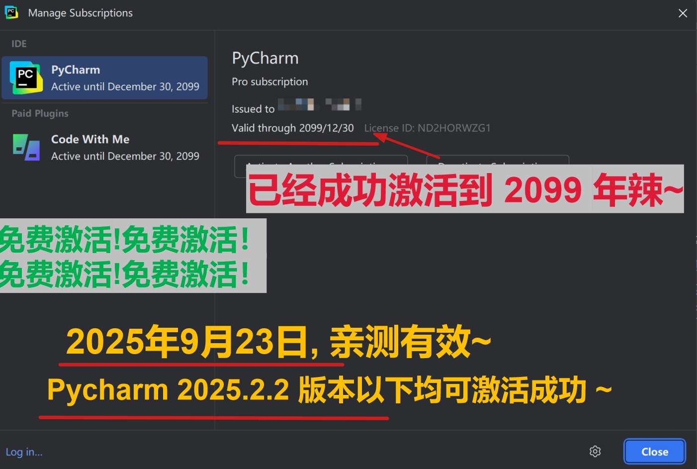 Pycharm 2025.2.2 版本成功激活到 2099 年截图