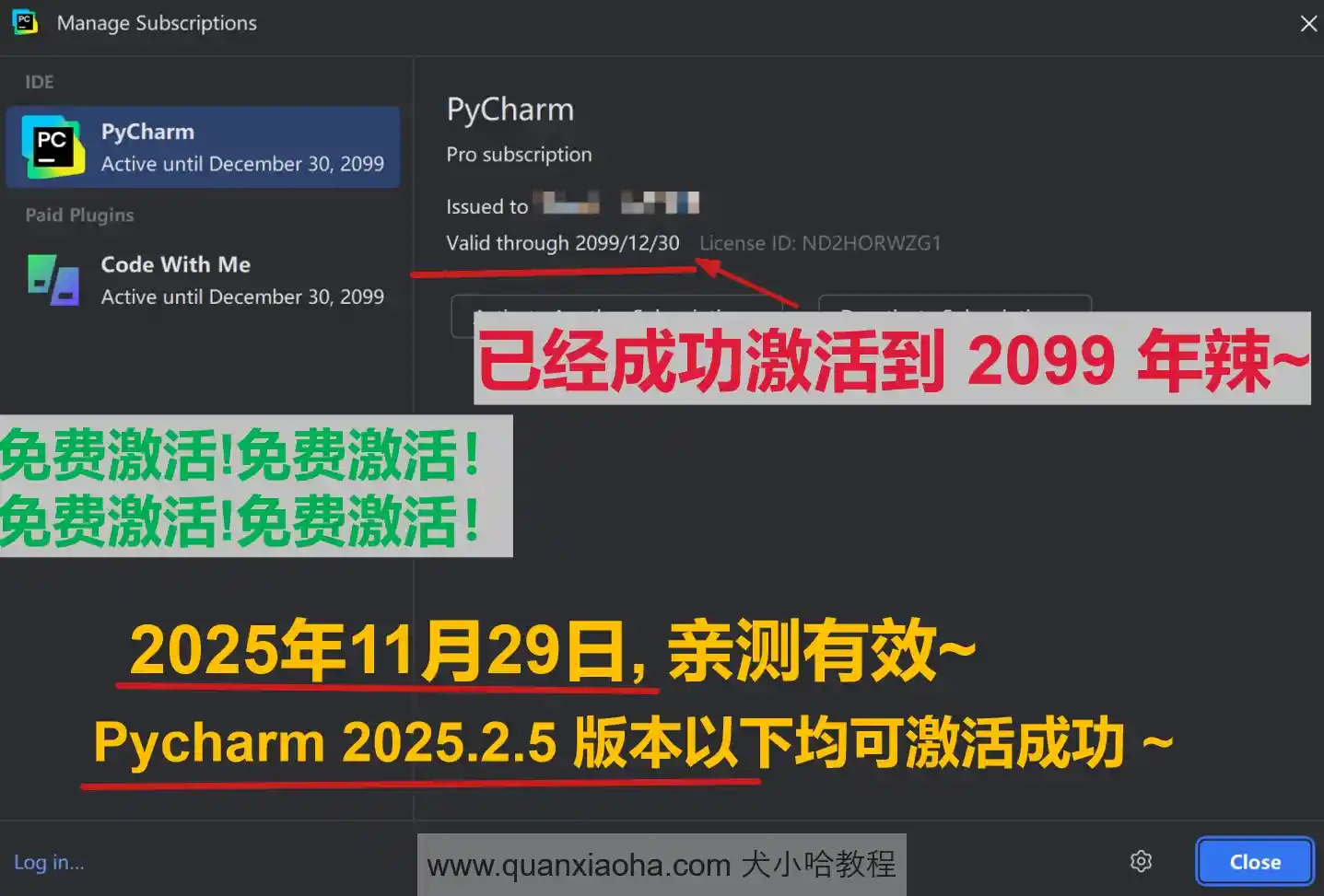 Pycharm 2025.2.5 版本成功激活到 2099 年截图