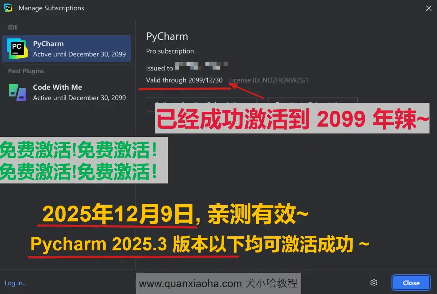 Pycharm 2025.3 版本成功激活到 2099 年截图