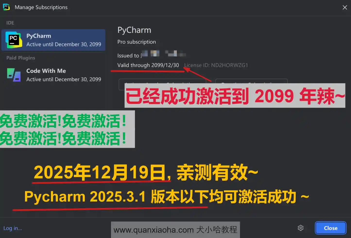 Pycharm 2025.3.1 版本成功激活到 2099 年截图