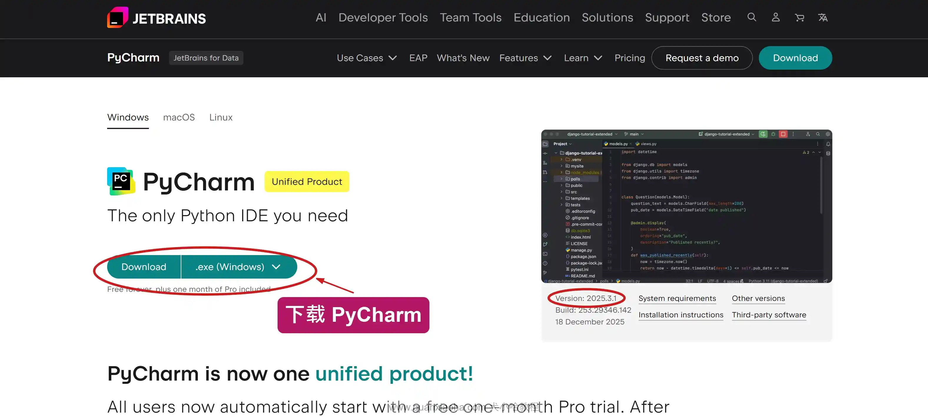 下载 Pycharm 2025.3.1 版本安装包