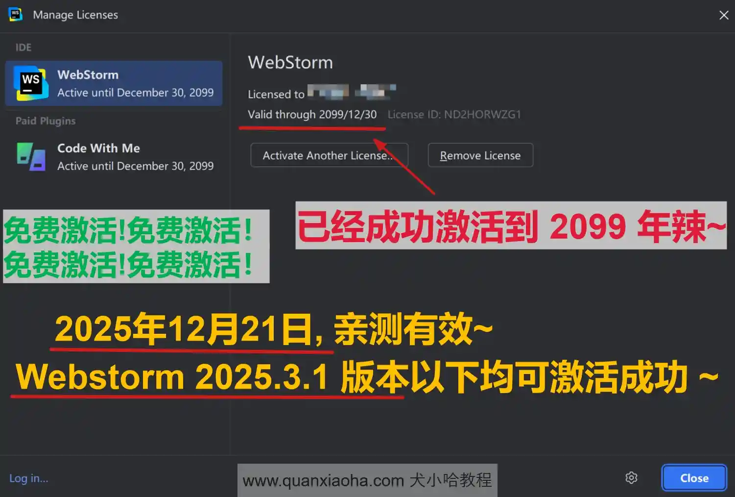 Webstorm 2025.3.1 版本成功激活到 2099 年截图