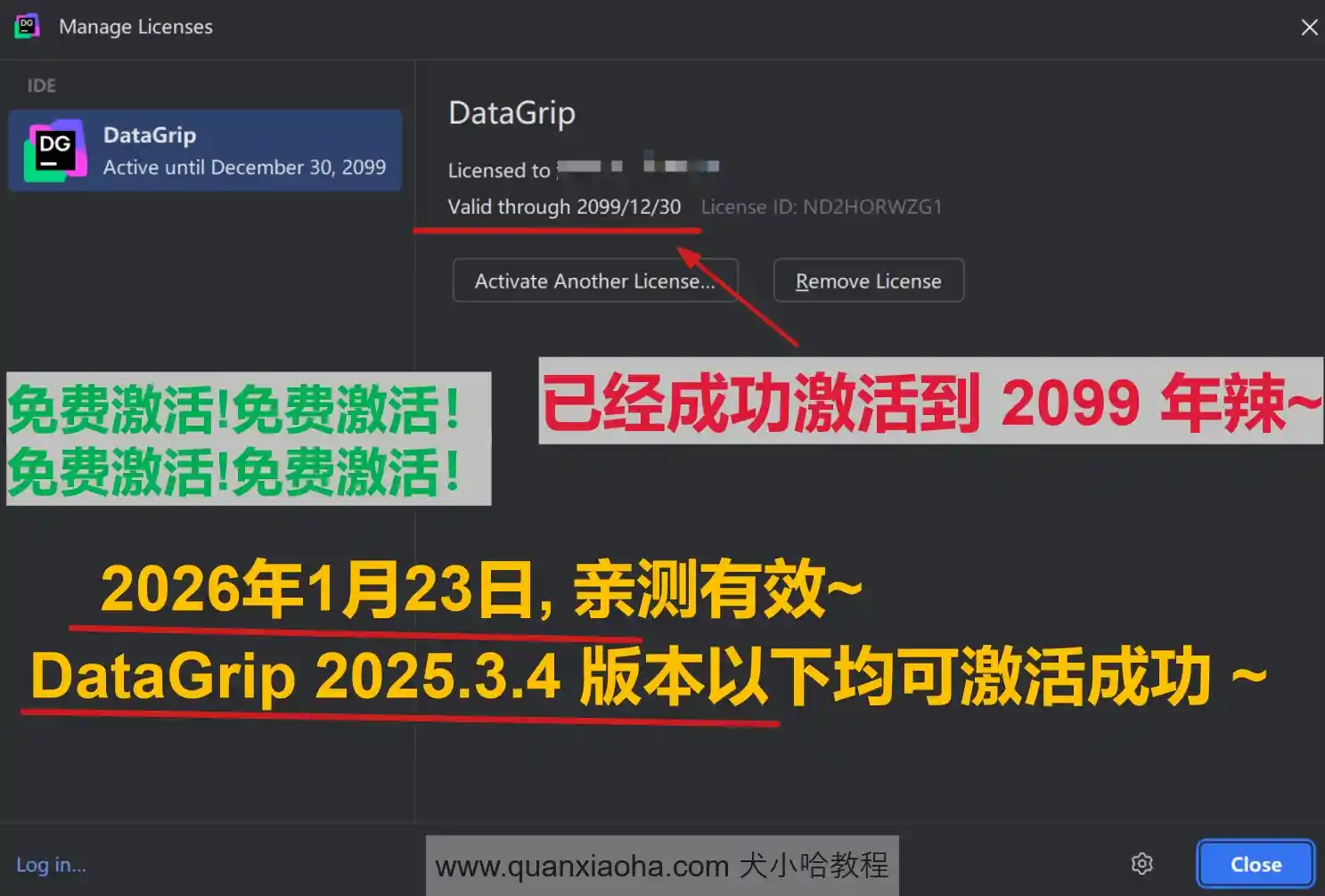 DataGrip 2025.3.4 版本成功激活到 2099 年截图