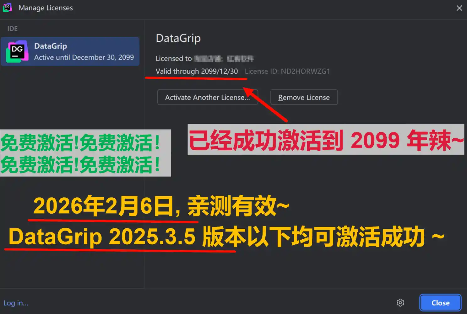 DataGrip 2025.3.5 版本成功激活到 2099 年截图