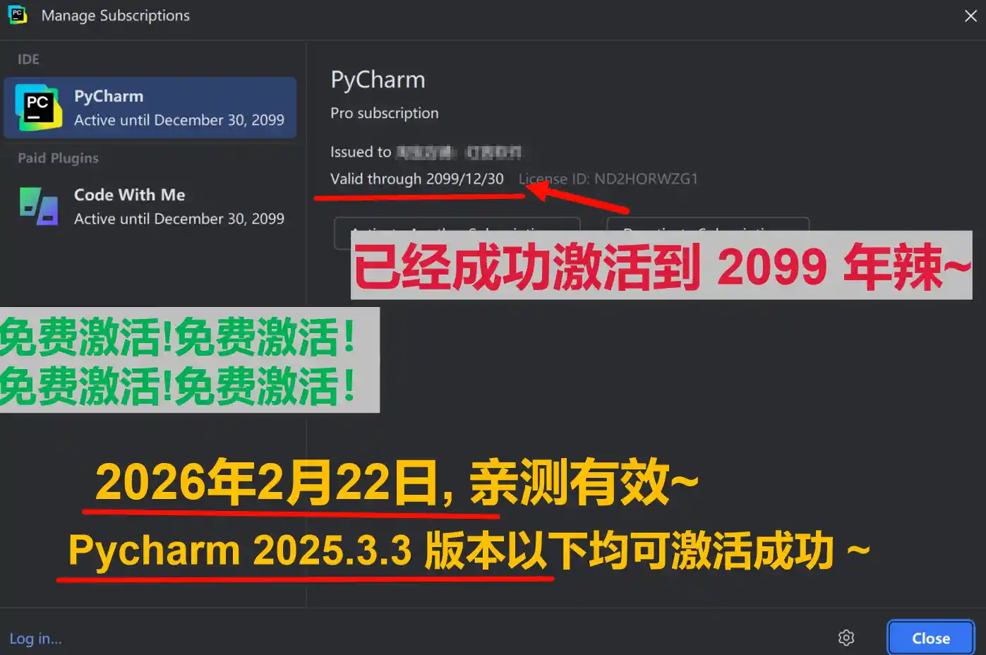 Pycharm 2025.3.3 版本成功激活到 2099 年截图