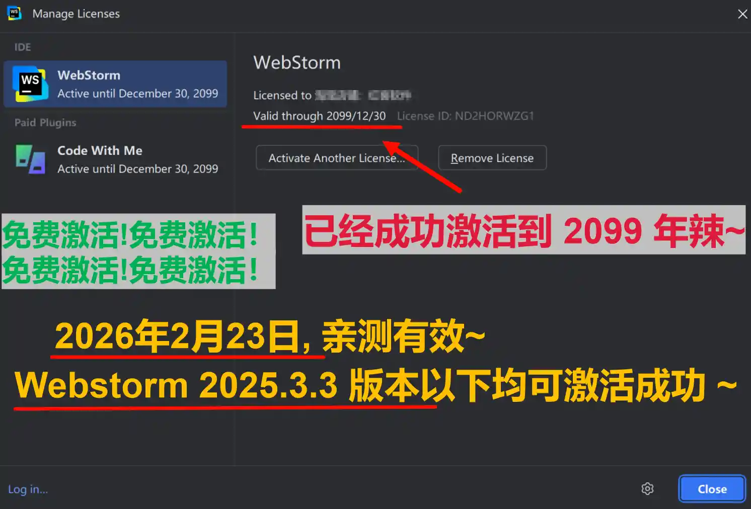Webstorm 2025.3.3 版本成功激活到 2099 年截图