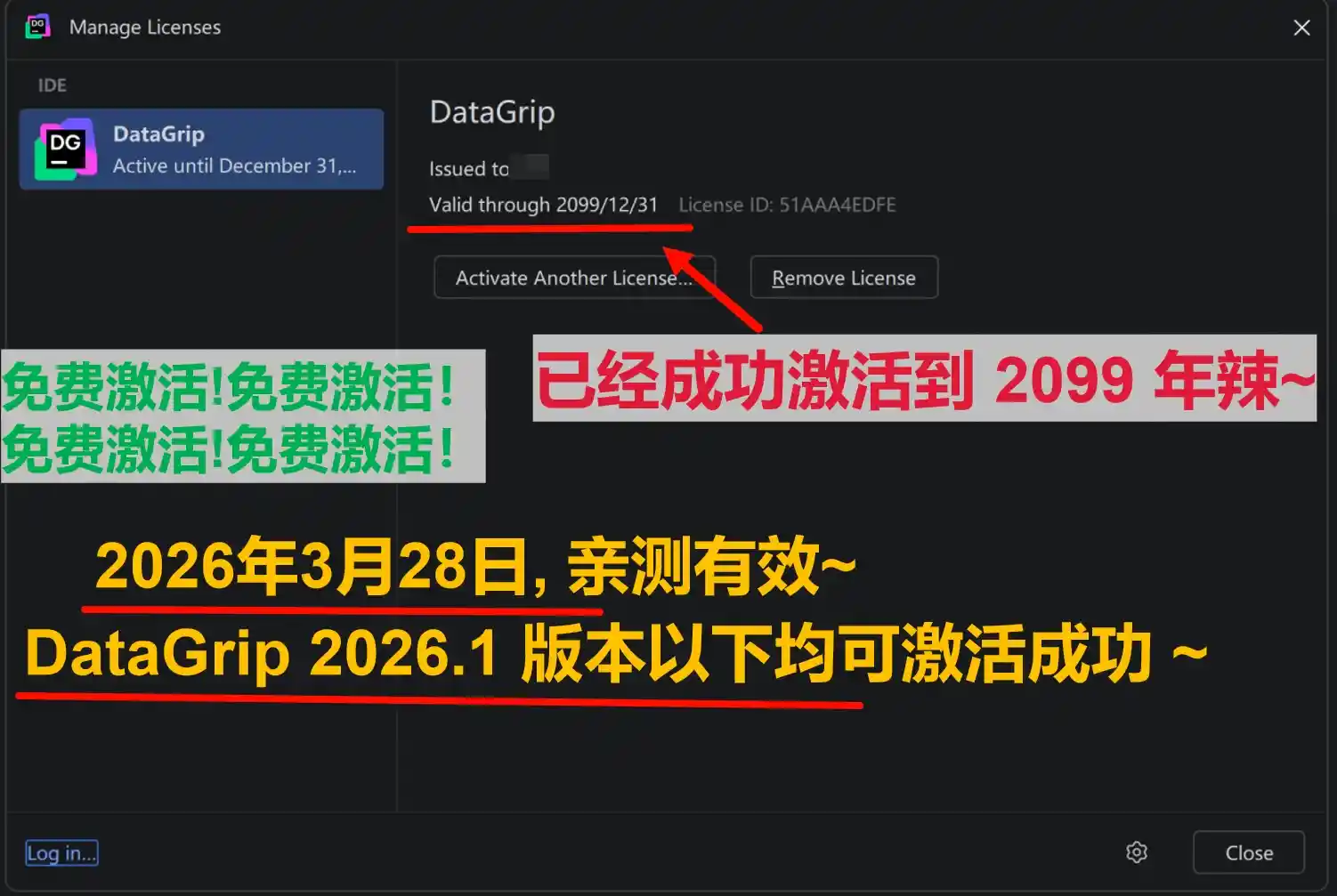 DataGrip 2026.1 版本成功激活到 2099 年截图