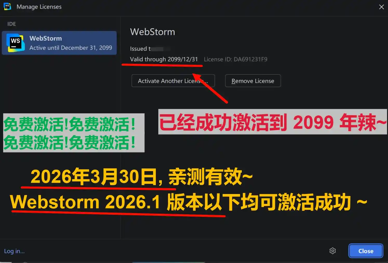 Webstorm 2026.1 版本成功激活到 2099 年截图