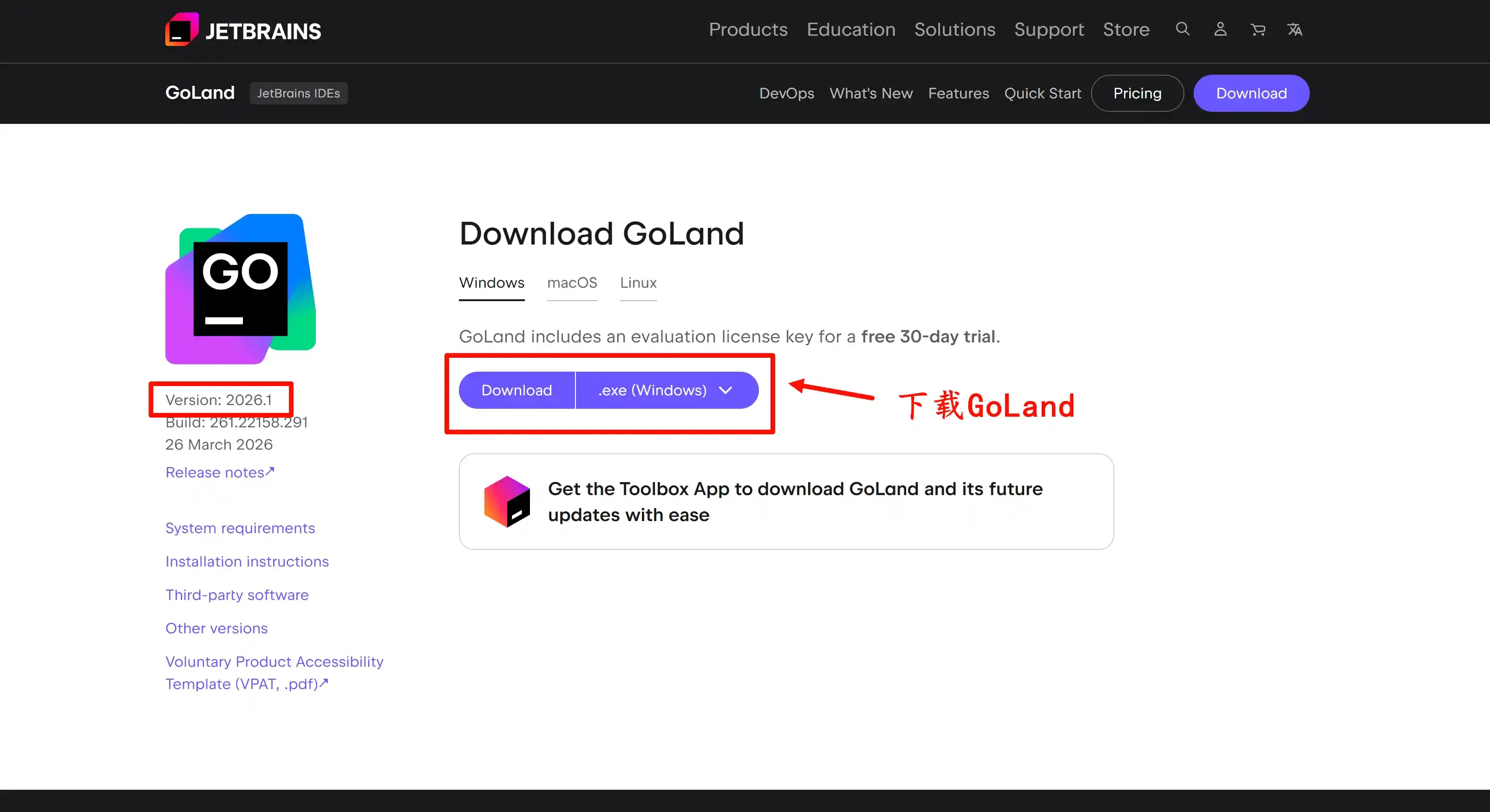 下载 GoLand 2026.1 版本安装包
