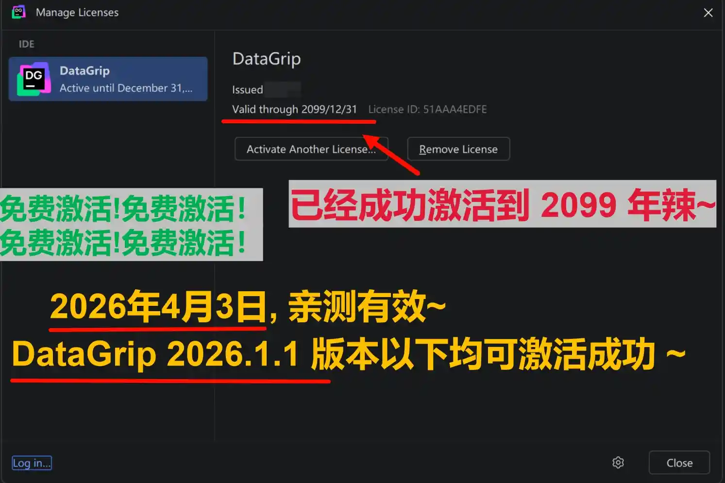 DataGrip 2026.1.1 版本成功激活到 2099 年截图