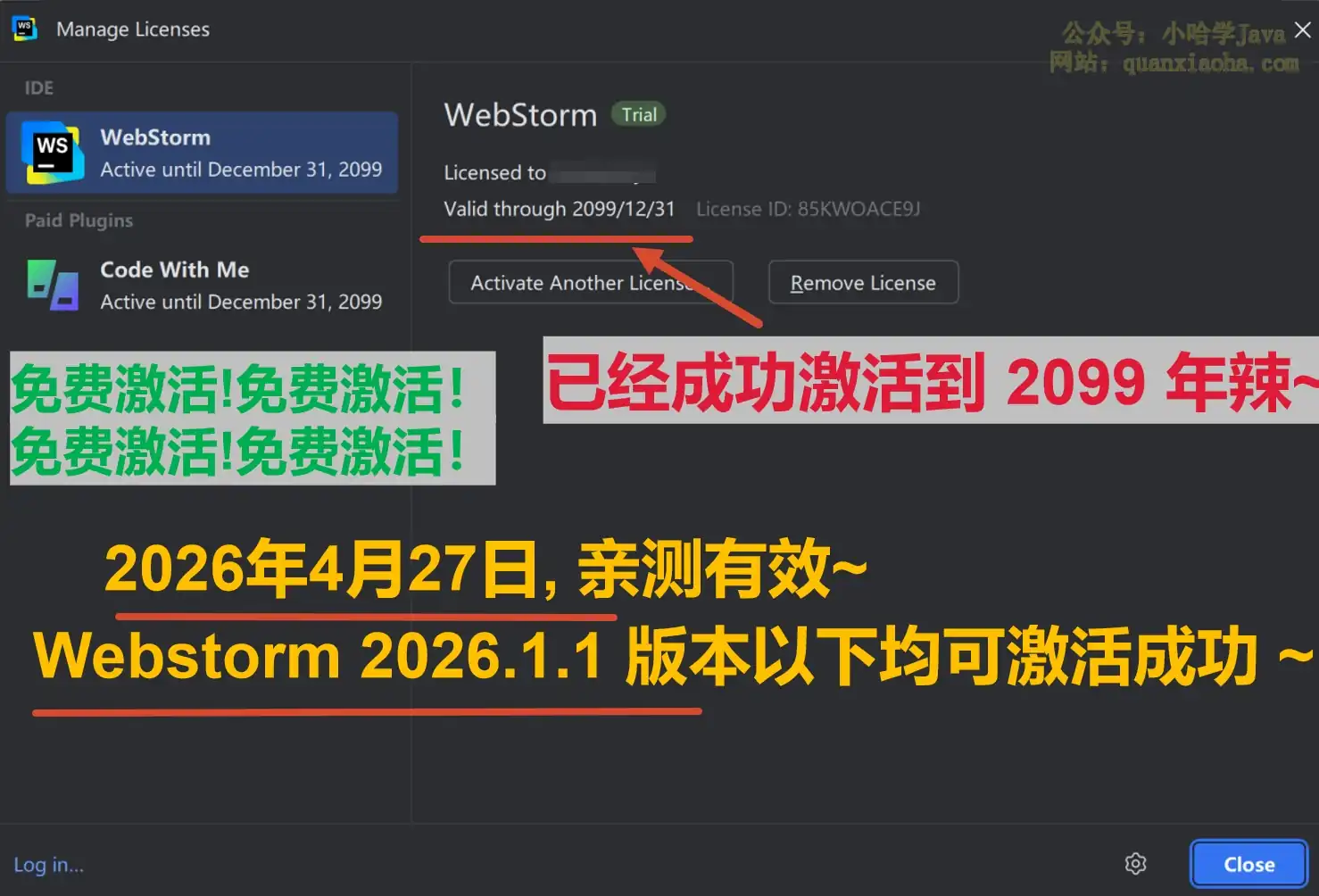 Webstorm 2026.1.1 版本成功激活到 2099 年截图