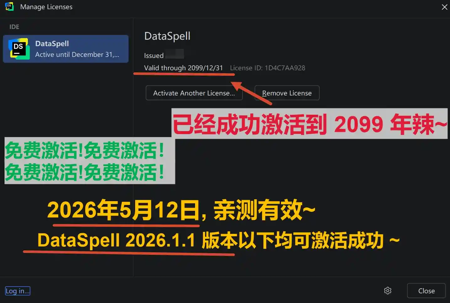 DataSpell 2026.1.1 版本成功激活到 2099 年截图