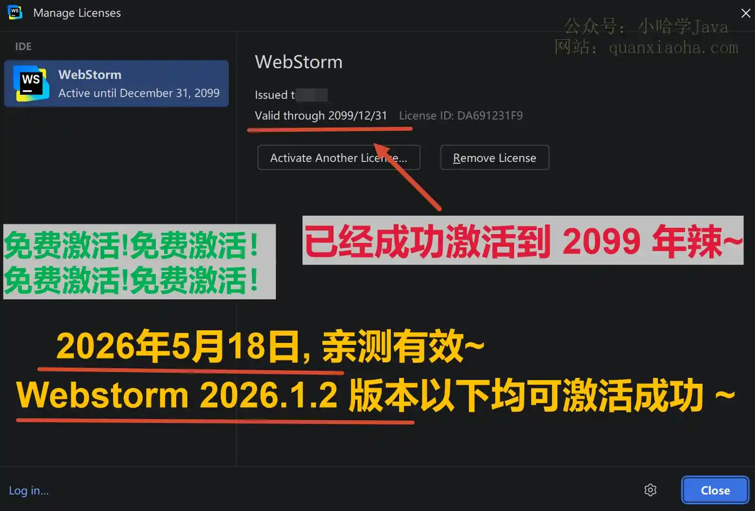 Webstorm 2026.1.2 版本成功激活到 2099 年截图