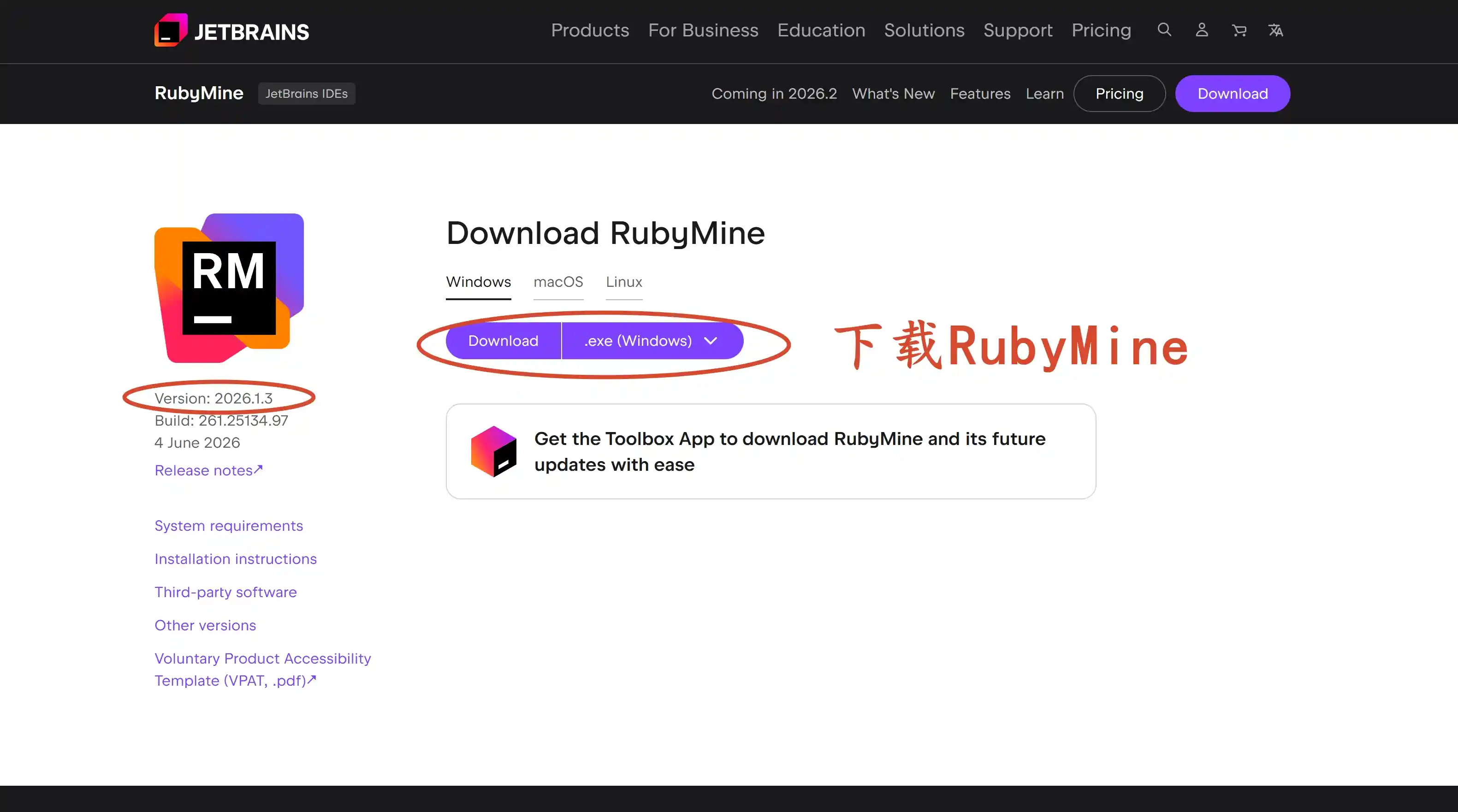 下载 RubyMine 2026.1.3 版本安装包