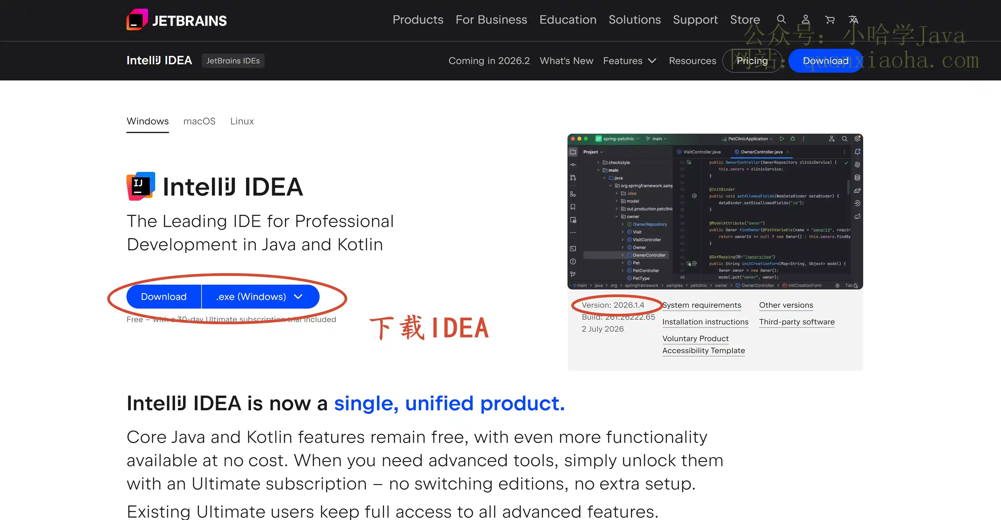 下载 IDEA 2026.1.4 版本安装包
