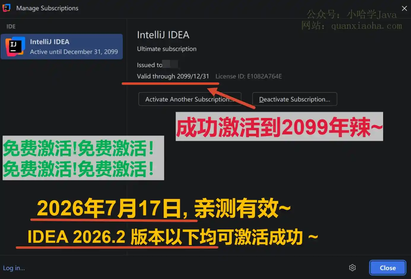 IDEA 2026.2 版本成功激活到 2099 年截图