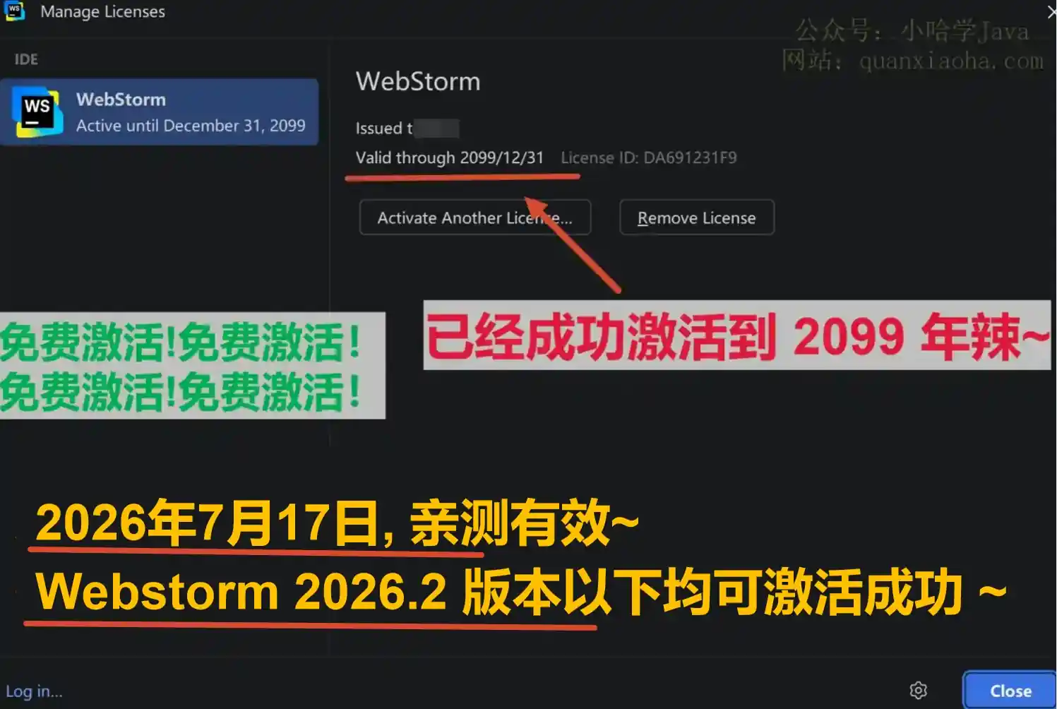 Webstorm 2026.2 版本成功激活到 2099 年截图