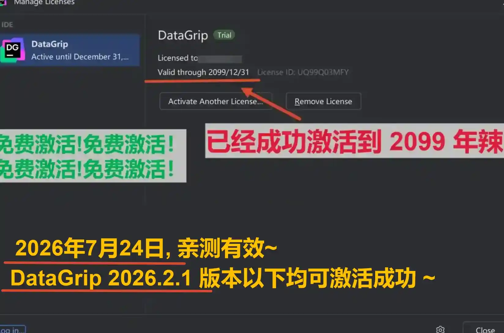 DataGrip 2026.2.1 版本成功激活到 2099 年截图