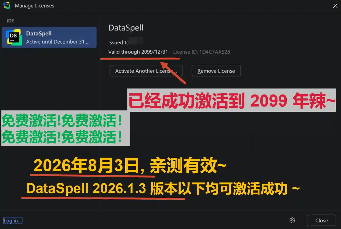 DataSpell 2026.1.3 版本成功激活到 2099 年截图