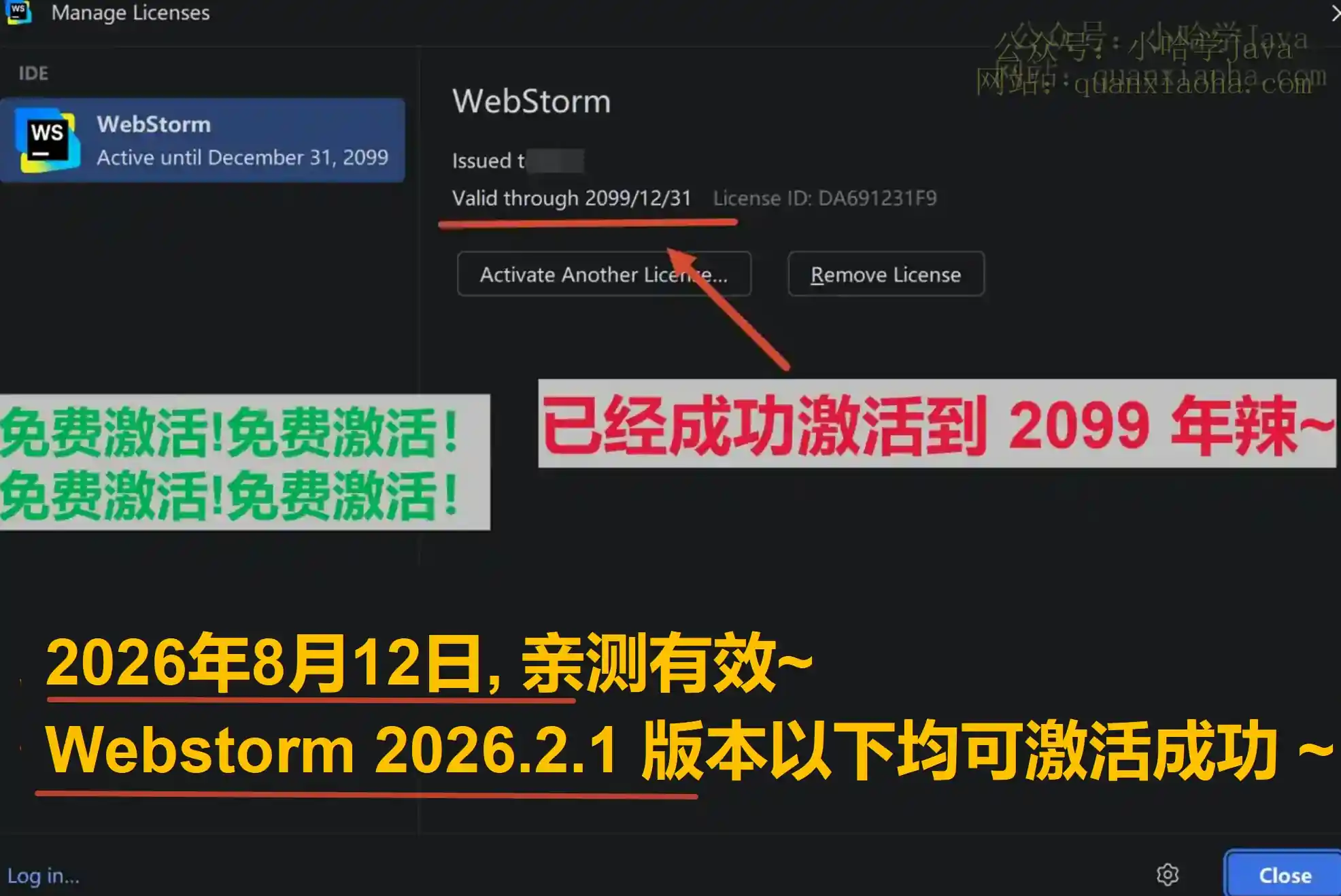 Webstorm 2026.2.1 版本成功激活到 2099 年截图