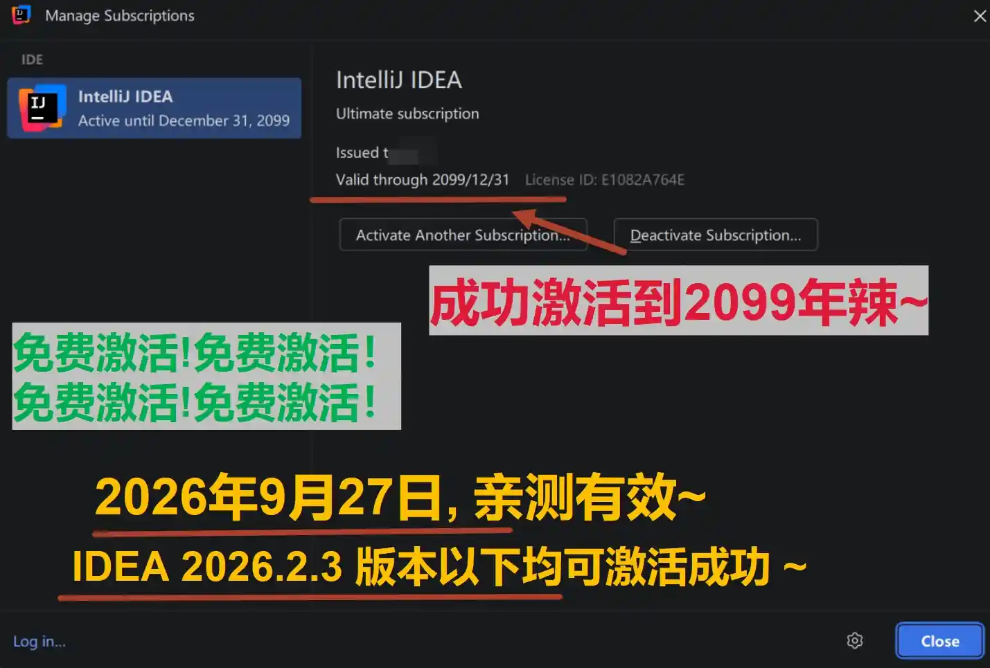 IDEA 2026.2.3 版本成功激活到 2099 年截图
